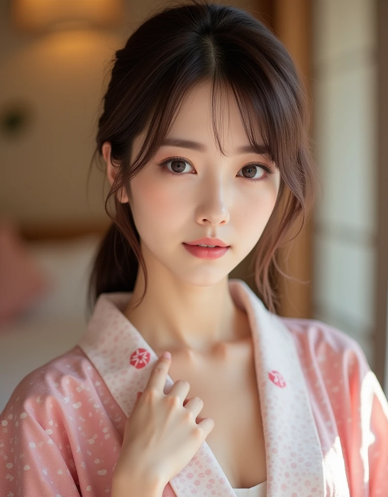 Innocent 20 year old girl、((Wear an open-chested yukata,Dramatic poses)),Loose clothing、beutiful breast、Beautiful udder、beautiful nipple,Smile,short-cut,Bed background,Raw photo, (8K、top-quality、masterpiece:1.2)、(intricate detailes:1.4)、(Photorealsitic:1.4)、octane renderings、Complex 3D rendering ultra detail, Studio Soft Light, Rim Lights, vibrant detail, super detailing, realistic skin textures, Detail Face, Beautiful detail eyes, Very detailed CG Unity 16k wallpaper, make - up, (detailedbackground:1.2), shinny skin, Full body、From head to thigh、cleavage of the breast,((Sleep facing up、Angle looking down from above))