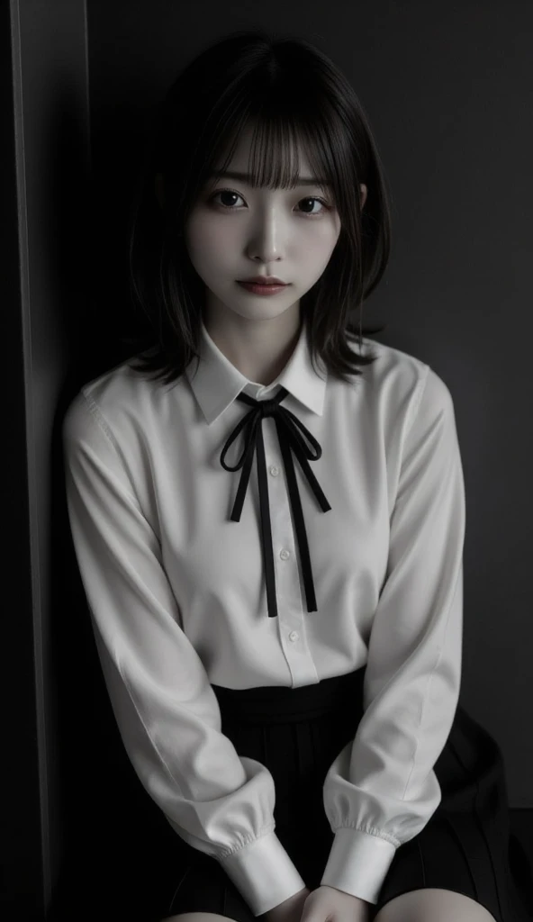 Retro black and white photo of a high school girl  :1.37, Realistic, Beautiful woman face,  looking straight at the camera :1.37, Realistic, 非常にRealisticな写真,   standing , perfect anatomy:1.21,  has a small head :1.21, Thin lips:1.5, Close your lips, Portrait of a Japanese Woman  :1.21,  Simple uniform of a famous high school in the city , blazer uniform,  blazer, 黒い blazer,  shirt :1.21, Loop Ribbon:1.21,  black pleated skirt:1.21,  black hair:1.21,  BOB CUT HAIR:1.21, Long bangs,  Anatomically Correct Ratio  :1.331,  has a small head :1.331, Slender body:1.331,  thin waist:1.331, Thin limbs:1.331,  flat chest:1.331, Retro black and white photography :1.37, Silky Screen,  nostalgic photo black and white movie-like lighting , 