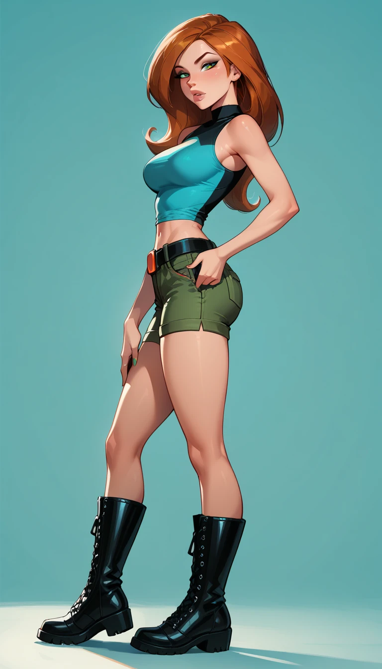 Sexy young girl with a good body, long hair blonde green eyes short white shirt bare shoulders, bright blue short jean shorts, short brown boots with white, standing, spiky hair, bristly hair, standing, fighting pose, on guard, defense pose