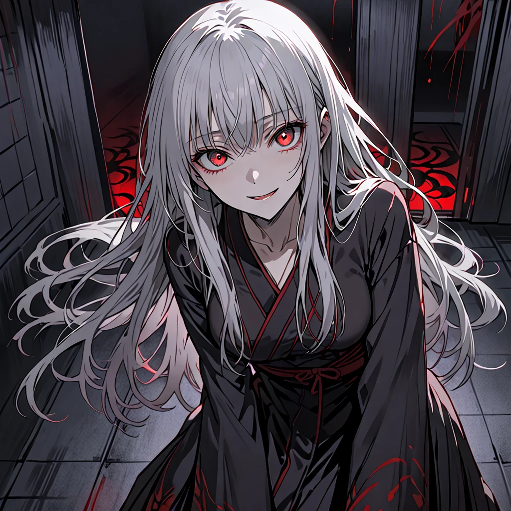 woman, dark and simple kimono, Gray Hair, Long Hair,  medium breasts, red eyes, indoor,  straight hair,  feminine, whole body, Yandere Smile ,  Unreasonable,  night crawling,  gets knocked over