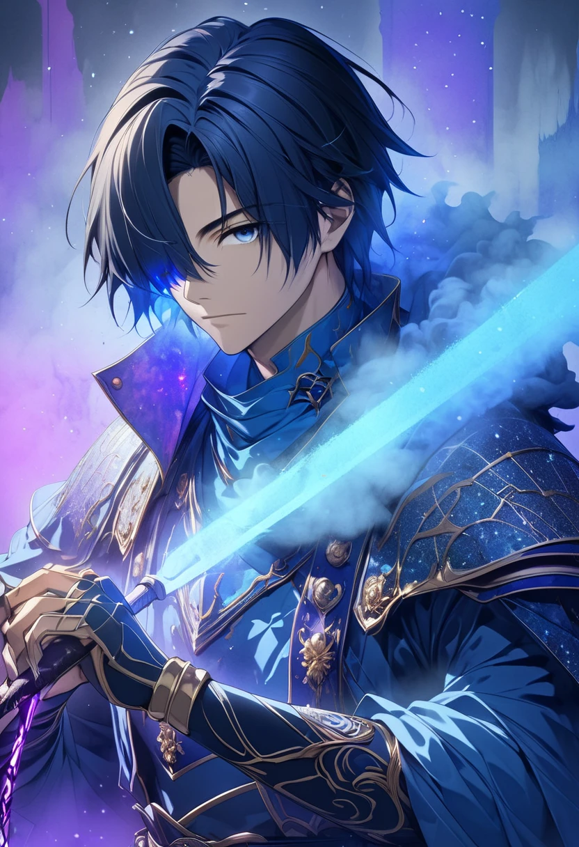 A young man in a knight costume based on blue･ dark haired man"Asuka" , I have a sacred whip in my hand that destroys demons, ((background:Mysterious fog  , blue, Neon Dust,  Shading Effects ,  gradient magic effect , Fog filter effect , Glitter Effect,  Graphic CG Digital Art )) ,