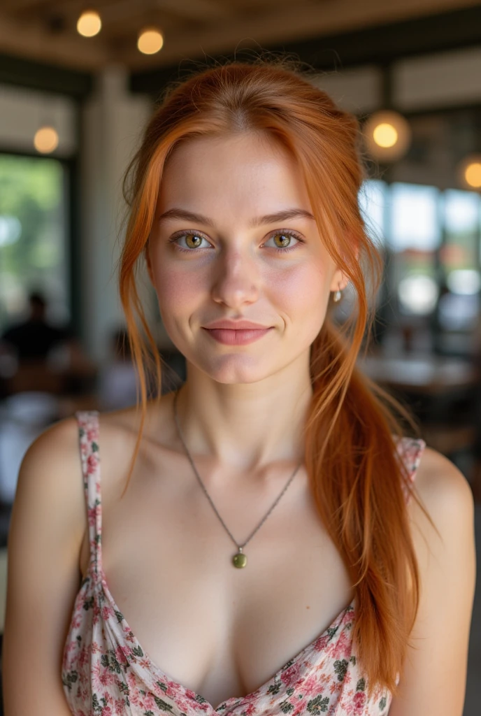 ((best photo quality, ultra realistic)), Girl, Not 20, European, (portrait, close up shot), in good shape, mysterious smile, enchanting view, ((Fell, ginger-red hair, wild hairstyle)), Intense green eyes, pale skin, freckles, discreetly made up, more confident, cheeky expression, flawless complexion, Tattoos, uncanny attraction, Summery mini dress in boho style, Boots, wild and graceful, rebellious spirit, Street coffee in Madrid, drinks coffee, Cigarette