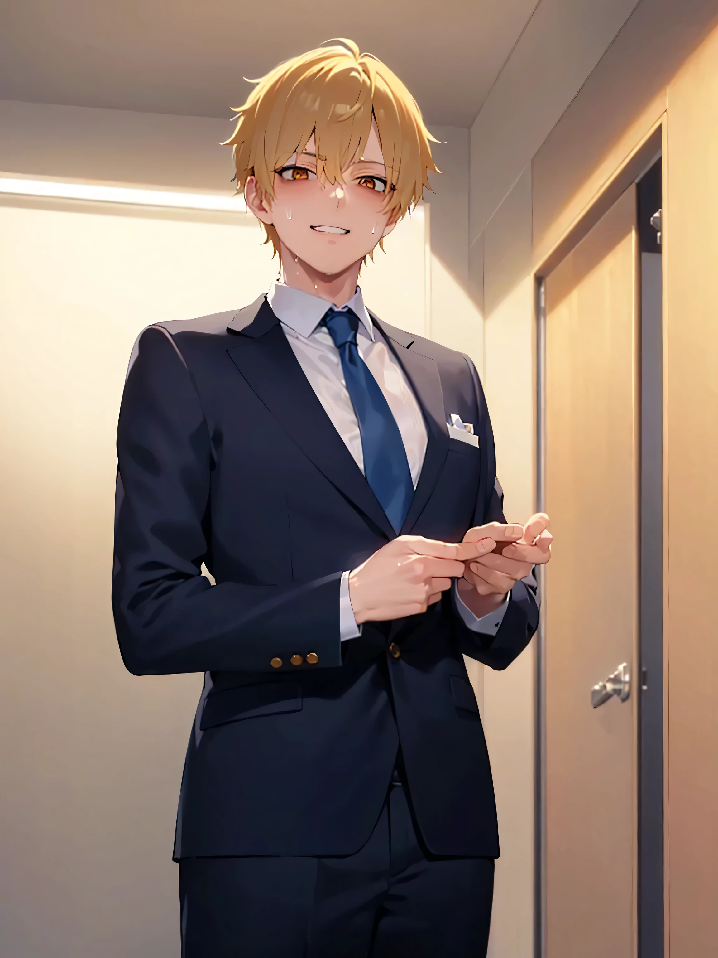 hand up, (at night:1.5), masterpiece, best quality, Japanese manga style, upper body, (25 year old male: 1.5) and (short blonde hair) and (orange eyes), (suit:1.5) and (blue tie), smile, (sweat:1.3), The background is the company rest room, alone, standing, menositanokuma,
