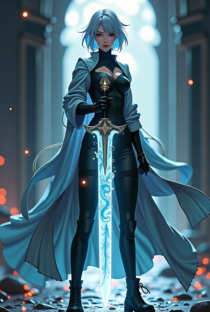 Create a female character with short white hair wearing a dark uniform and dark pants with boots, in his hand a white sword with a dragon design, anime art with highlighted background and luminous design