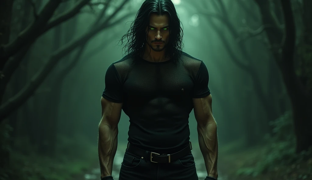 naughty man, black wild hair, bright yellow look, that stands out in the darkness of the forest, with a muscular and strong body, wearing a black cape, with chewed and square jaws, half body picture. he is partially surrounded by darkness