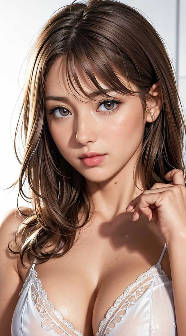 (((I can see your pussy))), beautiful, thin, cute, beautiful Face, beautiful Skin, actress, Mature,  upper body,  light brown hair , thin髪, live-action, masterpiece,  best quality,  High Definition CG Unity 8k Wallpaper,  ultra high resolution,  Casual Fashion, illumination,  summer fashion , (Natural brown hair: 0.8), (Swollen eyes), Being watched by the audience, Rotate,  Bleached Hair,  Model Pose , White background, Sensitive Skin,   Light Curly Hair  , Place your hands around your mouth, White see-through underwear,  Hair Model Photos  、 wet skin 