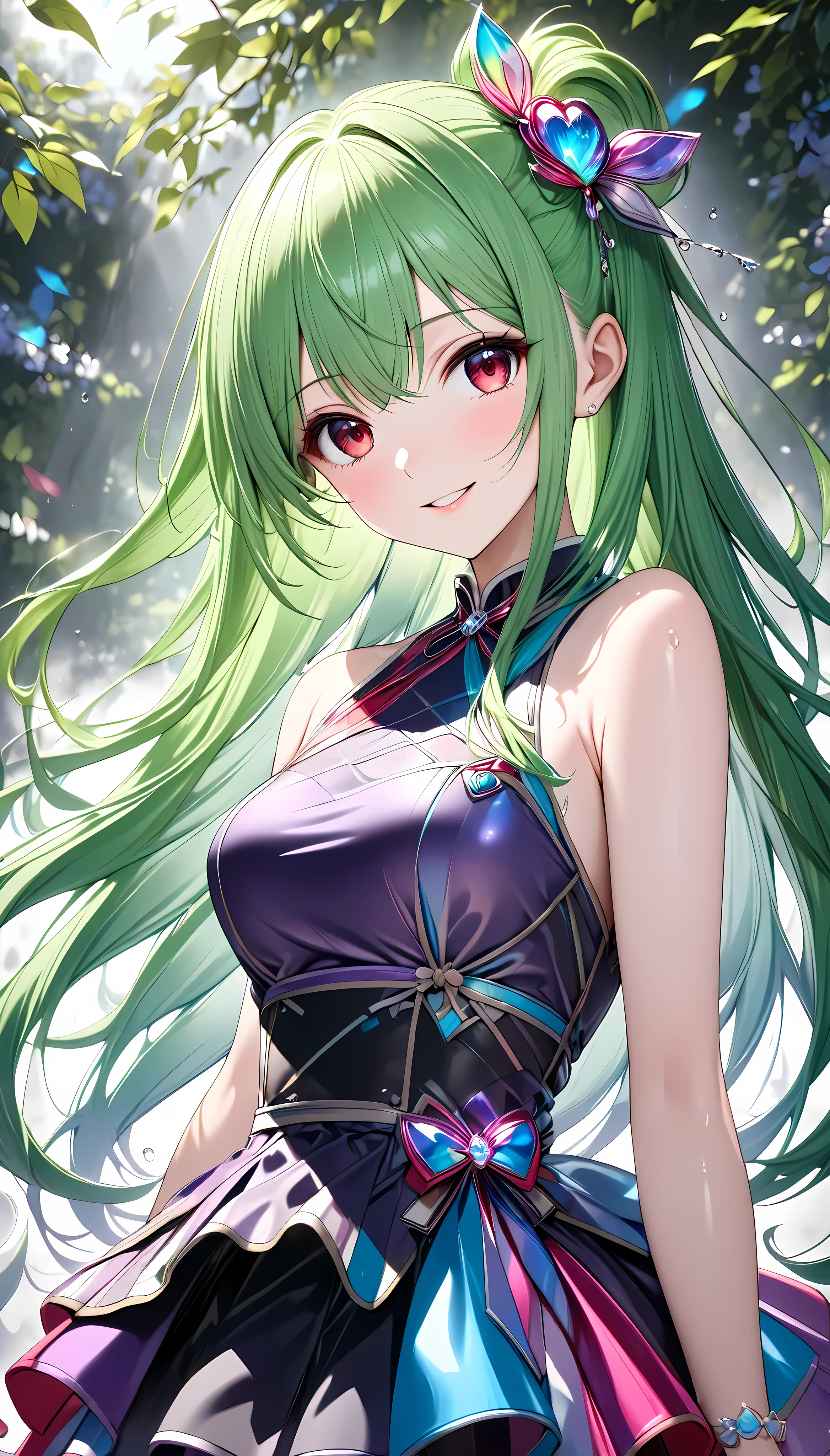 reset, Cute details,  one girl , alone, \ Characters" virtual idol", whole body\, 
(Slim figure, Height 165cm, Weight 45 kg ,  bust 85 cm , Waist 58cm,  hips 86 cm , Age 32), 
break \Features\Clear Red Eyes , 
break ((Green long hair:1.25, Straight hairstyle with jade colored mesh:1.25, Shiny Ragged Hair ),
break (Fine-textured skin like porcelain), \sight\Confident sight ), 
\character\(fine, Active, Adult cute, secrecy, grace, Balance adjustments with pure and rustic ), \Profession\(mature idol ), 
break (\clothing\ dark purple cool idol costume, luxurious silky shiny fabric ,  Simple Design , One Shoulder, thick strap, Very Dark Purple Dress ), 
break \Decoration\( Clear Red Jewelry), 
break [PASTEL COLOR MIX  ], 
 BREAK Exquisite green and purple color scheme,  Balance Adjustment with Clear Blue Overlays ,  color correction to make viewers feel attractive ,
break (High image quality, high quality, 8k, very detailed, Beautiful CG illustrations), masterpiece:1.2, 
\\Trigger Words\ROUGH,\
(((BREAK sings with a microphone ,  Best Smile for You, Nourishing and Strengthening Effects ,  Fresh Idol Activities , One Shoulder, 
BREAK dynamic choreography,  Pay Attention to Body Balance , Refreshing sweat, 
break super retina, multiple full color, )))
break Focus on a left-facing profile:1.8, 
