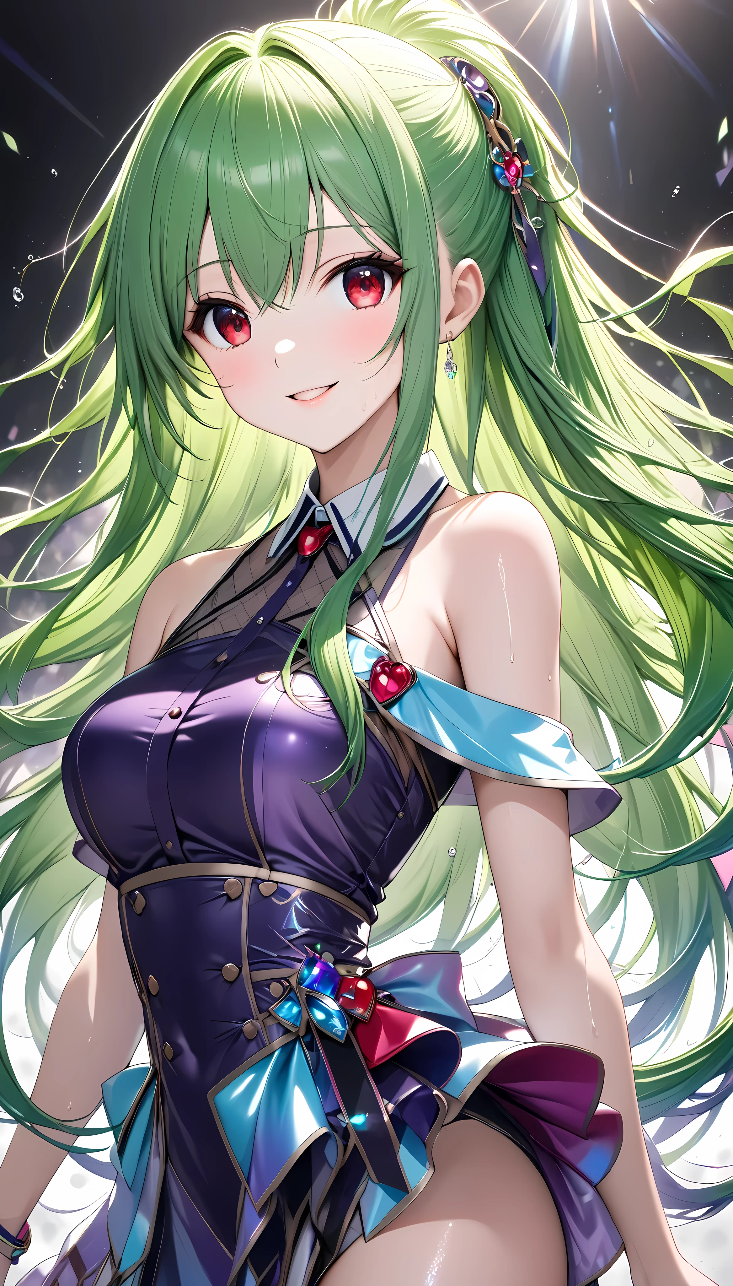 reset, Cute details,  one girl , alone, \ Characters" virtual idol", whole body\, 
(Slim figure, Height 165cm, Weight 45 kg ,  bust 85 cm , Waist 58cm,  hips 86 cm , Age 32), 
break \Features\Clear Red Eyes , 
break ((Green long hair:1.25, Straight hairstyle with jade colored mesh:1.25, Shiny Ragged Hair ),
break (Fine-textured skin like porcelain), \sight\Confident sight ), 
\character\(fine, Active, Adult cute, secrecy, grace, Balance adjustments with pure and rustic ), \Profession\(mature idol ), 
break (\clothing\ dark purple cool idol costume, luxurious silky shiny fabric ,  Simple Design , One Shoulder, thick strap, Very Dark Purple Dress ), 
break \Decoration\( Clear Red Jewelry), 
break [PASTEL COLOR MIX  ], 
 BREAK Exquisite green and purple color scheme,  Balance Adjustment with Clear Blue Overlays ,  color correction to make viewers feel attractive ,
break (High image quality, high quality, 8k, very detailed, Beautiful CG illustrations), masterpiece:1.2, 
\\Trigger Words\ROUGH,\
(((BREAK sings with a microphone ,  Best Smile for You, Nourishing and Strengthening Effects ,  Fresh Idol Activities , One Shoulder, 
BREAK dynamic choreography,  Pay Attention to Body Balance , Refreshing sweat, 
break super retina, multiple full color, )))
break Focus on a left-facing profile:1.8, 
