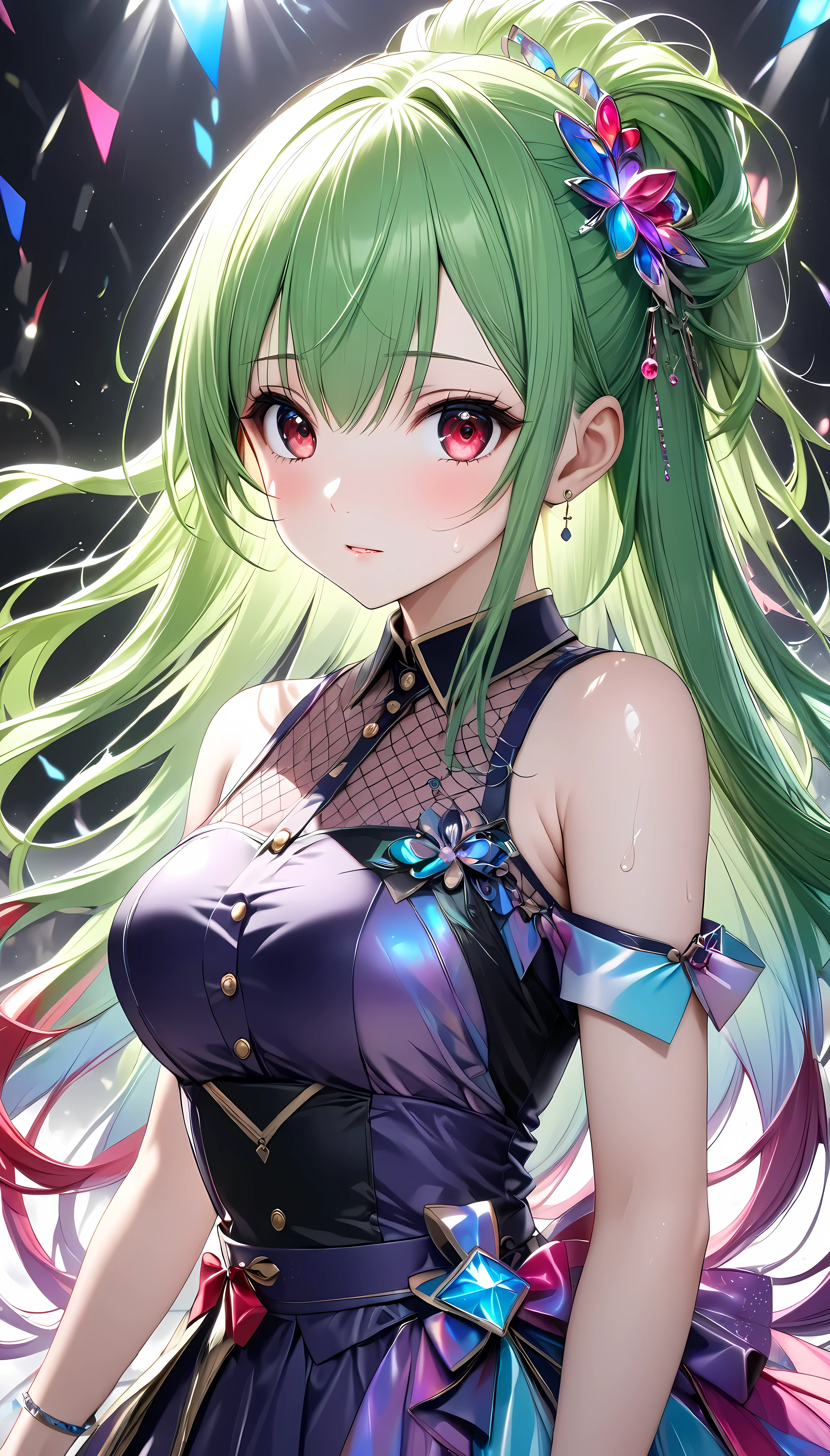 reset, Cute details,  one girl , alone, \ Characters" virtual idol", whole body\, 
(Slim figure, Height 165cm, Weight 45 kg ,  bust 85 cm , Waist 58cm,  hips 86 cm , Age 32), 
break \Features\Clear Red Eyes , 
break ((Green long hair:1.25, Straight hairstyle with jade colored mesh:1.25, Shiny Ragged Hair ),
break (Fine-textured skin like porcelain), \sight\Confident sight ), 
\character\(fine, Active, Adult cute, secrecy, grace, Balance adjustments with pure and rustic ), \Profession\(mature idol ), 
break (\clothing\ dark purple cool idol costume, luxurious silky shiny fabric ,  Simple Design , One Shoulder, thick strap, Very Dark Purple Dress ), 
break \Decoration\( Clear Red Jewelry), 
break [PASTEL COLOR MIX  ], 
 BREAK Exquisite green and purple color scheme,  Balance Adjustment with Clear Blue Overlays ,  color correction to make viewers feel attractive ,
break (High image quality, high quality, 8k, very detailed, Beautiful CG illustrations), masterpiece:1.2, 
\\Trigger Words\ROUGH,\
(((BREAK sings with a microphone ,  Best Smile for You, Nourishing and Strengthening Effects ,  Fresh Idol Activities , One Shoulder, 
BREAK dynamic choreography,  Pay Attention to Body Balance , Refreshing sweat, 
break super retina, multiple full color, )))
break Focus on a left-facing profile:1.8, 
