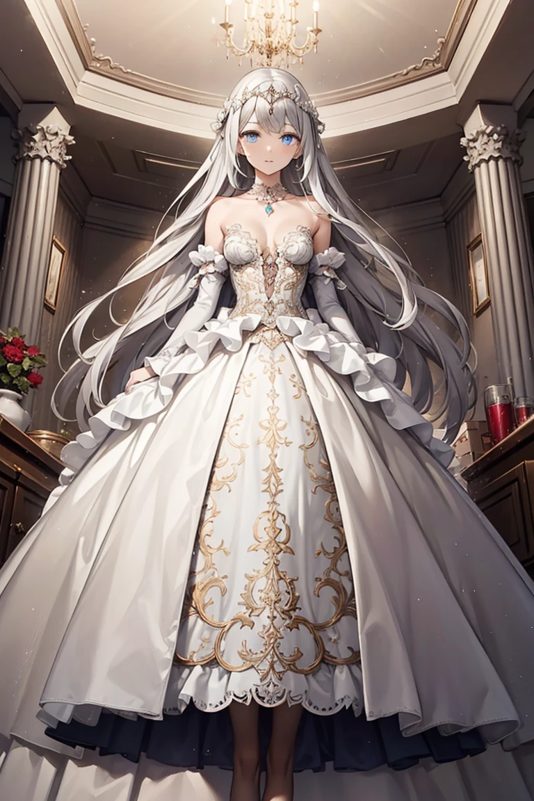 A young woman with blonde hair wearing a simple white dress, she is standing in a luxurious castle chamber, she seems out of place because she is wearing a simple white dress. Simple dark backdrop