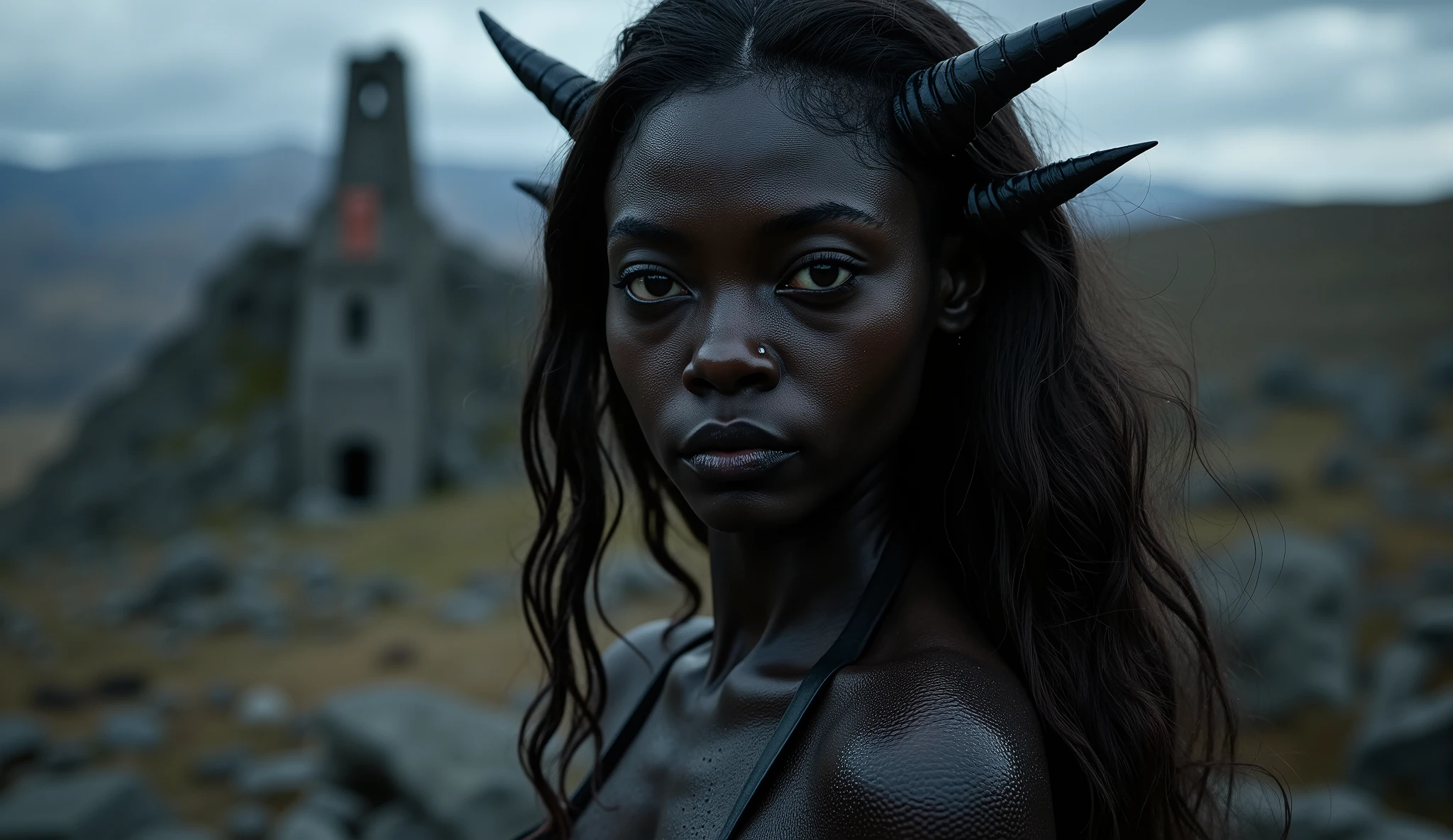 beautiful, (masterpiece:1.2), (best quality:1.2), perfect eyes, perfect face, perfect lighting, (1girl), nude, (black blueish skin), (colored skin), (black skin), dark elf, tiefling, demon horns, (demon skin), (black pupils), (black eyes), upper body focus, beach background. sunny