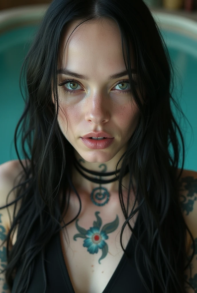 score_9, score_8_up, score_7_up, score_6_up, rating_questionable, Mia, MiaRH, 1girlm very long hair, black hair, aqua streaked hair, small breasts, slim, pierced navel, piercings, pierced nipples, full arm tattoo, small round ass, beautiful lips, naked, dynamic pose, aesthetic, perspective, solo, detailed, sensual look, naked, nude, pinup pose, abstract background, detailed background, black-aqua tint, sensual look, pinup pose, face closeup, high angle view