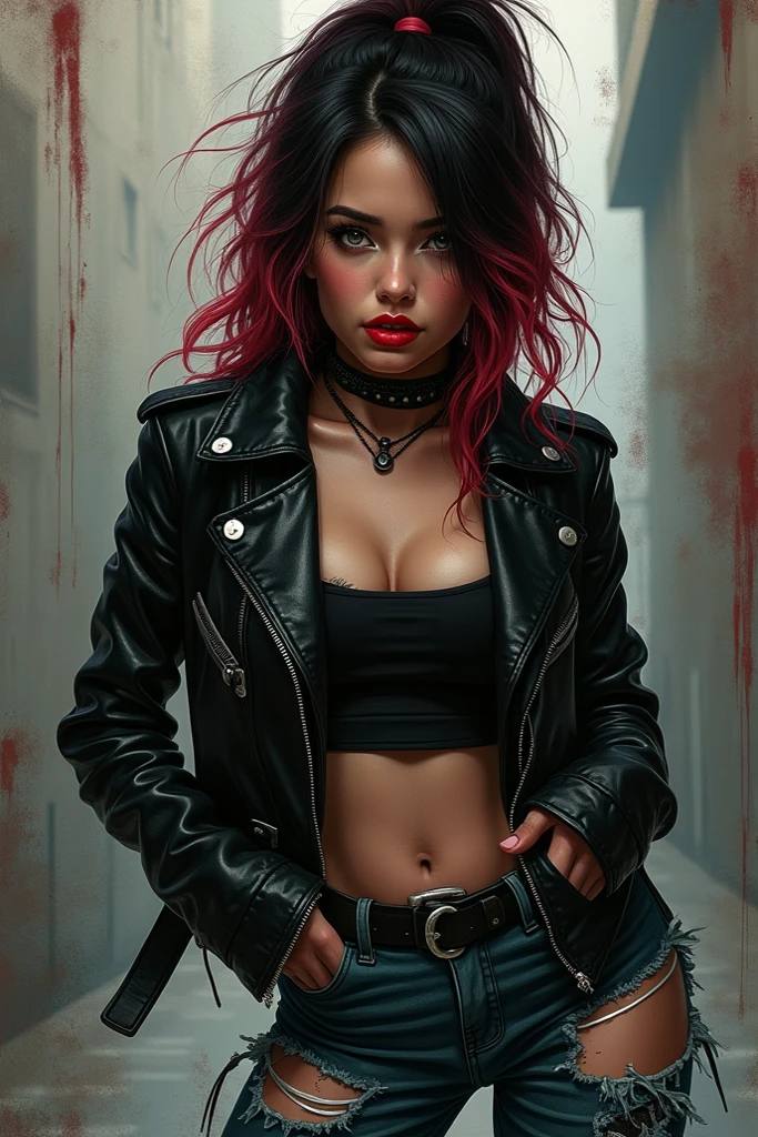 ponytails, black torn skirt, red hair, dark blue eyes, baggy eyes, standing, front a brick wall with graffiti, looking at viewer, medium hair, medium breast, wearing leather gloves, ear piercing, crazy grin, holding bottle of beer, leather jacket, at night, arm tattoo, two-tone hair, ripped t-shirt, Punk rock girl, dirty clothes, spiked necklace