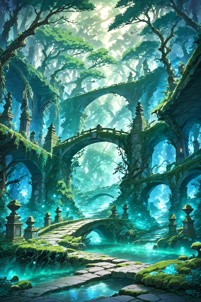 A Fogy mystical (eerie:1.21) Ancient stone bridge spanning a chasm filled with swirling (green fog:1.4) ,fogy scene,bridges,twisted tree roots grasping for purchase on moss-covered stones; vines snaking around weathered pillars; soft blue moonlight casting an ethereal glow over the scene,((ancient brige))