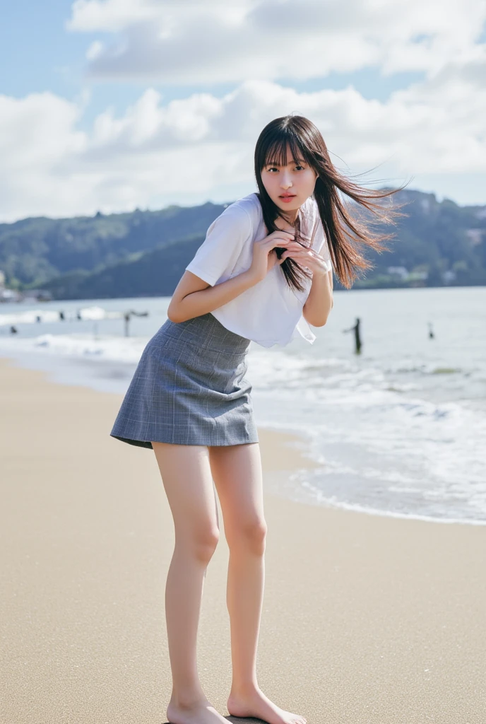 (((The clothes and hair you are wearing will be turned upside down by strong winds、A strong wind is blowing from the front of the body、Clothes are loose)))、(((in 8K、top-quality、​masterpiece、超A high resolution)))、(Photorealsitic:1.4)、Raw photo、(Authentic skin texture:1.3)、(film grains:1.3)、((Raise chin、is standing、Skirt flutters in strong winds、In the skirt、Facing up、No Underwear、Do not bend your legs、Do not bend your knees、spreading thigh、beach side、The face is facing the sky、Low angle shooting、))、1 girl in、beautiful detailed eyes and face、​masterpiece、top-quality、a closeup、slenderbody、Japanese  Schoolgirl Uniform、Dynamic Poses、bare-legged、Bare legged、appearance々Pose、