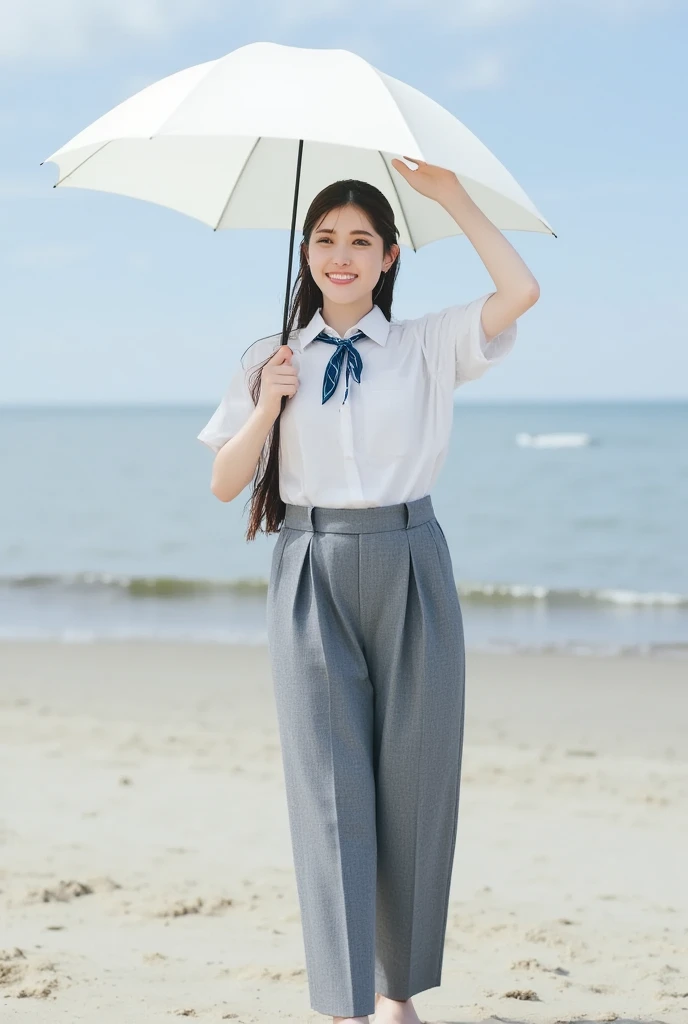 Angle shot from below、 forward leaning position、 open shirt 、 no underwear、Skirts roll up in strong winds、 one girl 、Japanese Uniform、barefoot、 beach 、smile