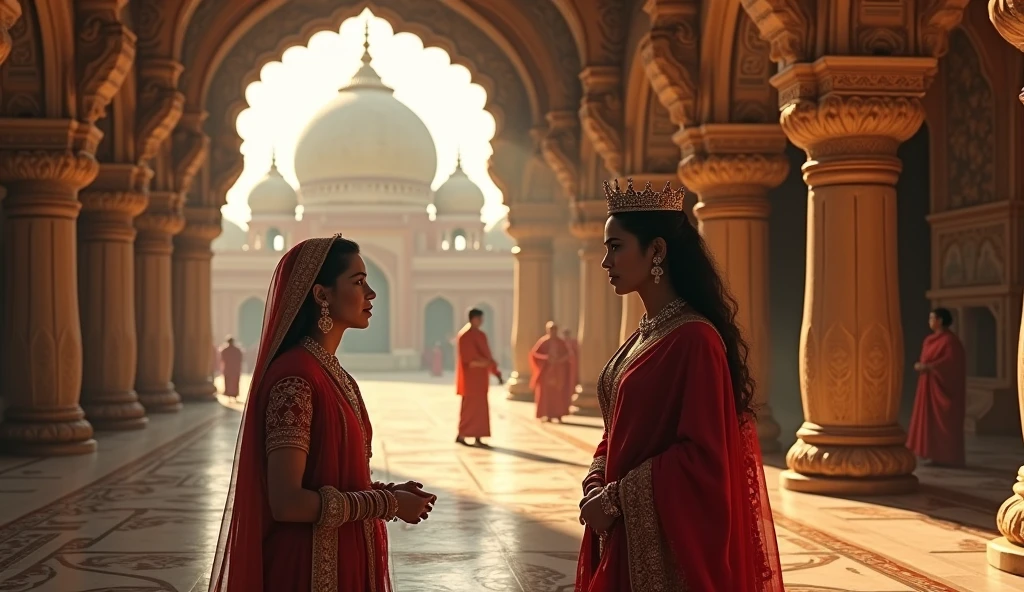 A female rajput warrior talk and other female rajput warrior in their kingdom room , she sitting a bed and a