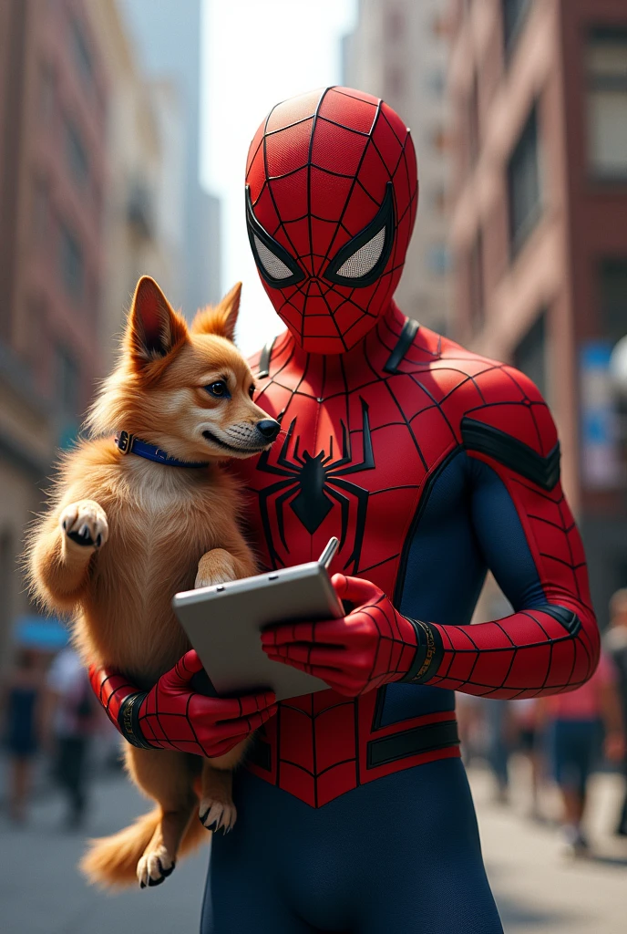 Spiderman and subscib writing while
carrying a dog