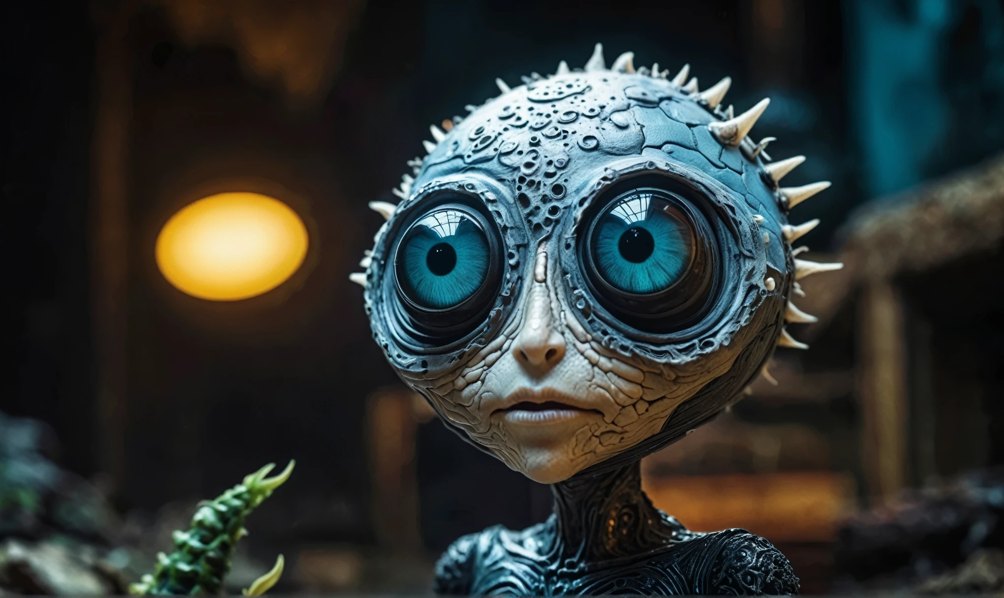 full body length shot,nerd graphite  Alien Entity,native africa slave ,azctec Finnish Lapland,Cinematic,soft colors, Technicolor,natural skin textures, hyper realism, hyper detailed,Extremely detailed,High contrast,Masterpiece,Realistic,Ultra Detailed, intricate details,realistic humid leather,extremely intricate details,Epic Realistic, cinematic style, irina yermolova,high contrast,hdr,extremely detailed, [deep night landscape],masterpiece, intricate details, eyes extremely detailed, high detailed eyes,8k resolution,retina, Nikon Z9,Korea,orc,Egypt, Pisces, transition between two art styles,full body length, Double contact, X-ray, Creative, vivid light, fantasy, Abstract, Surrealism, super detailed, high resolution,insanity national folk wear,skin  almost translucent, gothic elements,Mestichino,Light particles,chaos,starfish's leather,"(The best lighting, dark, dramatic), terror.),(fish eyes, A Modern flat toon Crazy whit a Big ONE a Only Eye Robot USSR , and helmet Style, tongs in hands, Tv head, pinhead, camouflage Yellow White Pink Rusty, Ambient in a meteorite crater super detailed, 