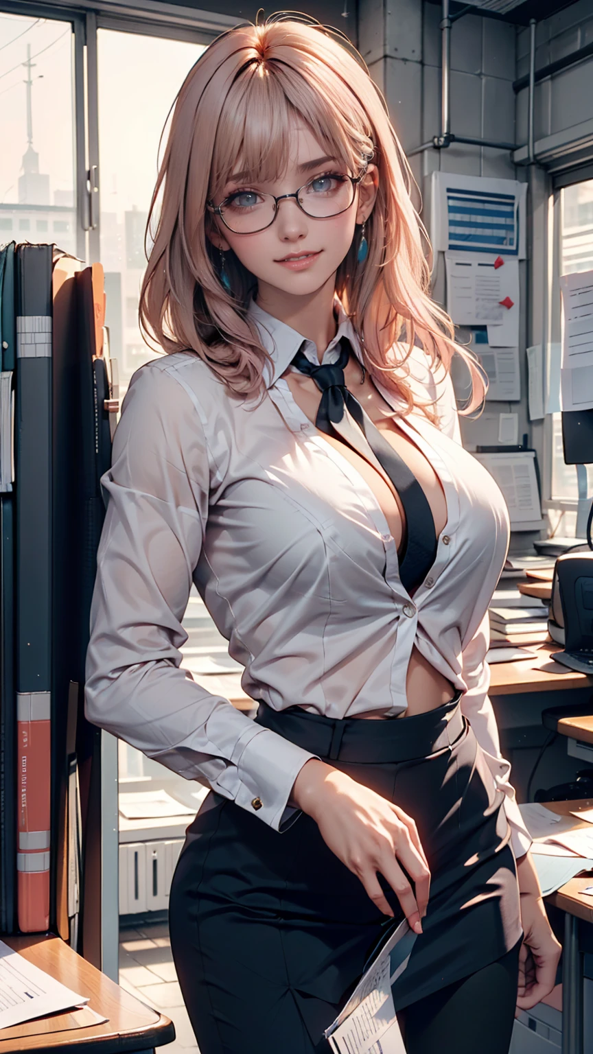 ((masterpiece, Highest)), (One girl), (Mature Woman), Light pink hair, A seduction with exposed breasts, sprawled out, (office lady), bangs, Big Breasts, Woman with glasses, (full), slim, smile, [Wide Hips], office, Are standing, got it  (Blue File), 8K quality, Sexy seduction, (open neck suit)