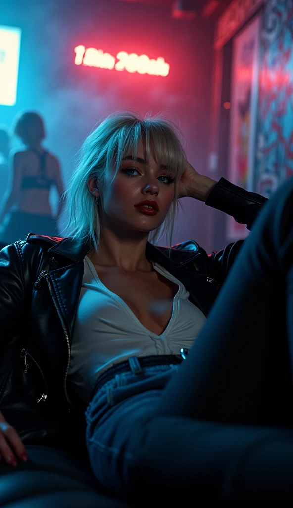 "A striking 23-year-old Russian woman with pale skin and platinum blonde hair, lounging in a smoky underground club. Her piercing blue eyes are slightly unfocused, reflecting the bold effects of vodka and the haze of the moment. She’s dressed in a sleek leather jacket, her lipstick smudged slightly, adding to her raw, appeal. The background includes neon lights, abstract graffiti, and the faint blur of other patrons dancing