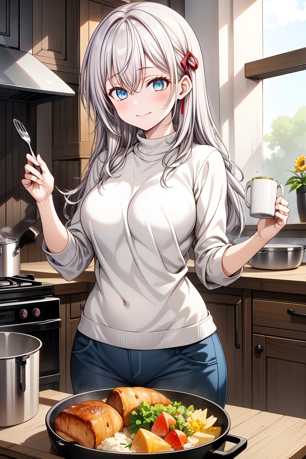  "(morning:1.7), a captivating anime girl, Alisa Kujou, with (22 years:1.1), (beautiful character design:1.4). She has (long white hair:1.4) elegantly flowing and (blue eyes:1.5) that shine brightly in the soft morning light. Alisa is in the kitchen, cooking a delicious breakfast. She wears a casual, comfortable outfit—a cozy, fitted sweater and soft pants, perfect for a relaxed morning at home. Her expression is focused yet warm, radiating a gentle energy as she stirs a pan on the stove.

Her (slim figure:1.3) and (elegant curves:1.2) are highlighted as she moves gracefully around the kitchen, adding ingredients to the pan with ease. The kitchen is cozy, with wooden counters, warm light coming through the windows, and a touch of rustic charm. The aroma of the meal fills the air, and you can see the sizzling food in the pan, creating a sense of comfort and homeliness.

Alisa flashes a soft, content smile as she prepares the meal, clearly enjoying the simple joy of cooking. Her body language exudes calm confidence, with a relaxed posture and graceful movements. In the background, a beautiful table is set with plates, mugs, and fresh fruit, waiting for the delicious meal to be served. The lighting creates a warm, inviting atmosphere, casting a gentle glow over the scene and enhancing Alisa's radiant presence."