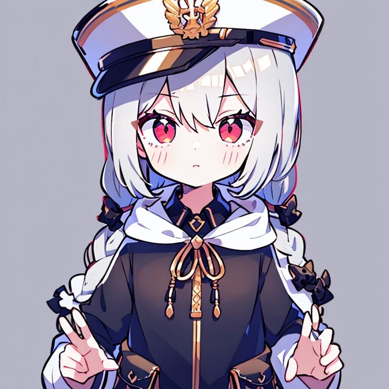 Long Hair, braided , Gray Hair, No Emotion, white military hat , Red eyes, white shirt, black tie,white short hoodie, 1 girl,