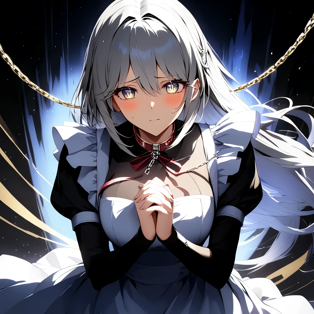 Masterpiece, Very detailed, Ultra-detailed, one tall beautiful maid woman. Masterpiece, Very detailed, Ultra-detailed, long lovely silver hair. beautiful dark eclipse-like eyes, her irises are black with a golden outline, her pupils are surrounded by a glowing white light. well endowed. Wearing a collar and leash. wearing chains all over her body. long Victorian maid dress with a long slit in the side going down. Dark-radiance emanating from her. her hands are clasped together. Blushing a sweating a lot. she looks frustrated.