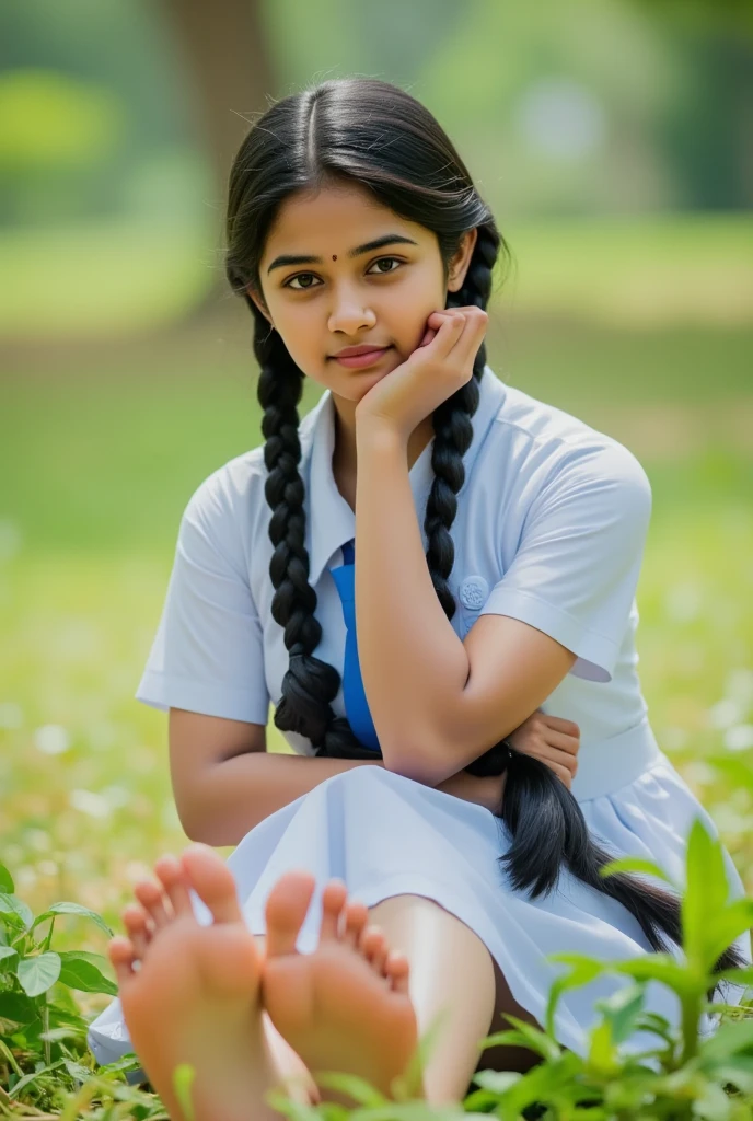 beautiful cute Sri Lankan school girl, in barefoot, Large breast size , 20 years old, wearing a white frock and a blue tie. She has plaits, black braided long hair, barefoot, correct anatomy of feet and other body parts, feet focus, sitting on the floor, brown skin tone, sweaty skin
