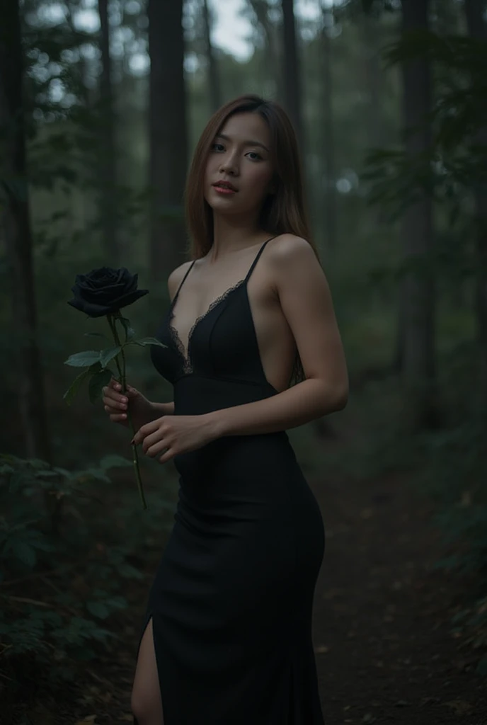 Thai women, holding black rose, sexy black dress, dark forest