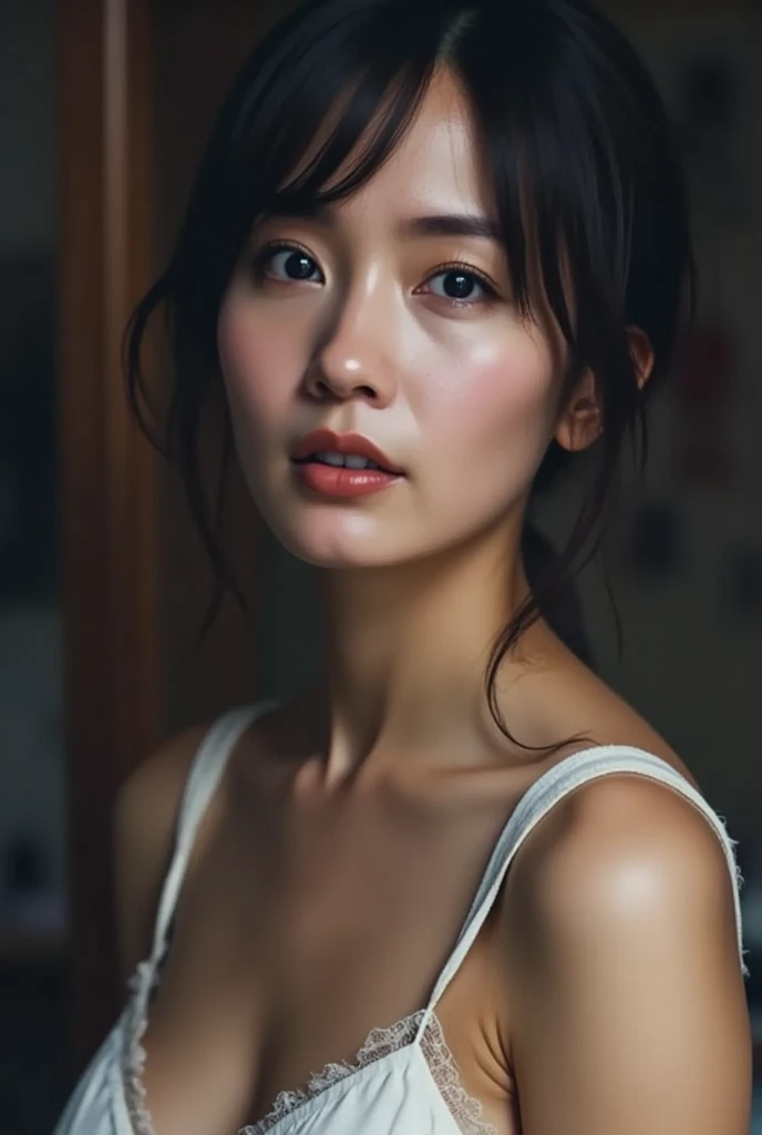 RAW photo, (close up), cinematic film still portrait of an Asian woman, 28 years old, with messy black hair, (deeply psychological portrait), in a dimly lit bedroom, she looks at the viewer with a sweet face, pleading to be brought to orgasm. She looks at the viewer with a sweet face, pleading to be taken to the height of ecstasy she has never known.