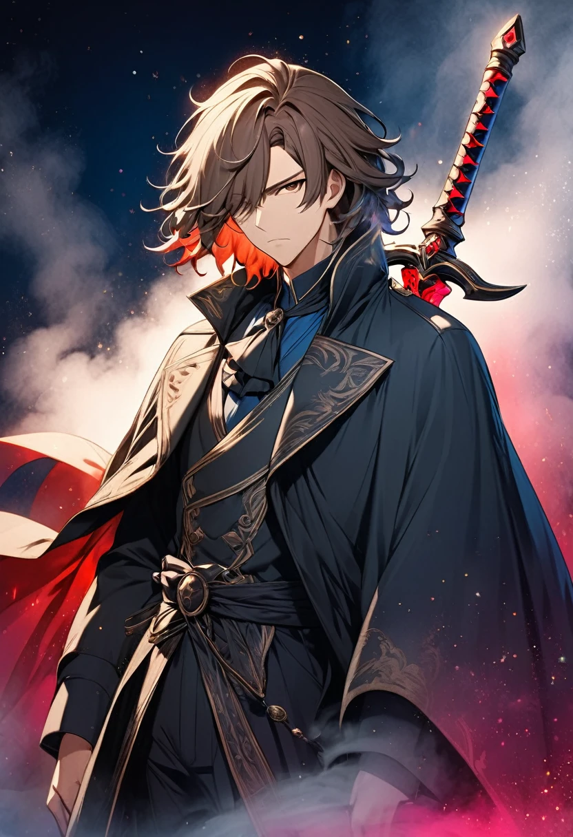 A young man in a Western aristocrat costume based on black ･A man with brown wild medium hair "Kurusu " , He has a serious expression, wears a black cloak, and holds a red devil sword, ((background:Mysterious fog  , blue, Neon Dust,  Shading Effects ,  gradient magic effect , Fog filter effect , Glitter Effect,  Graphic CG Digital Art )) ,