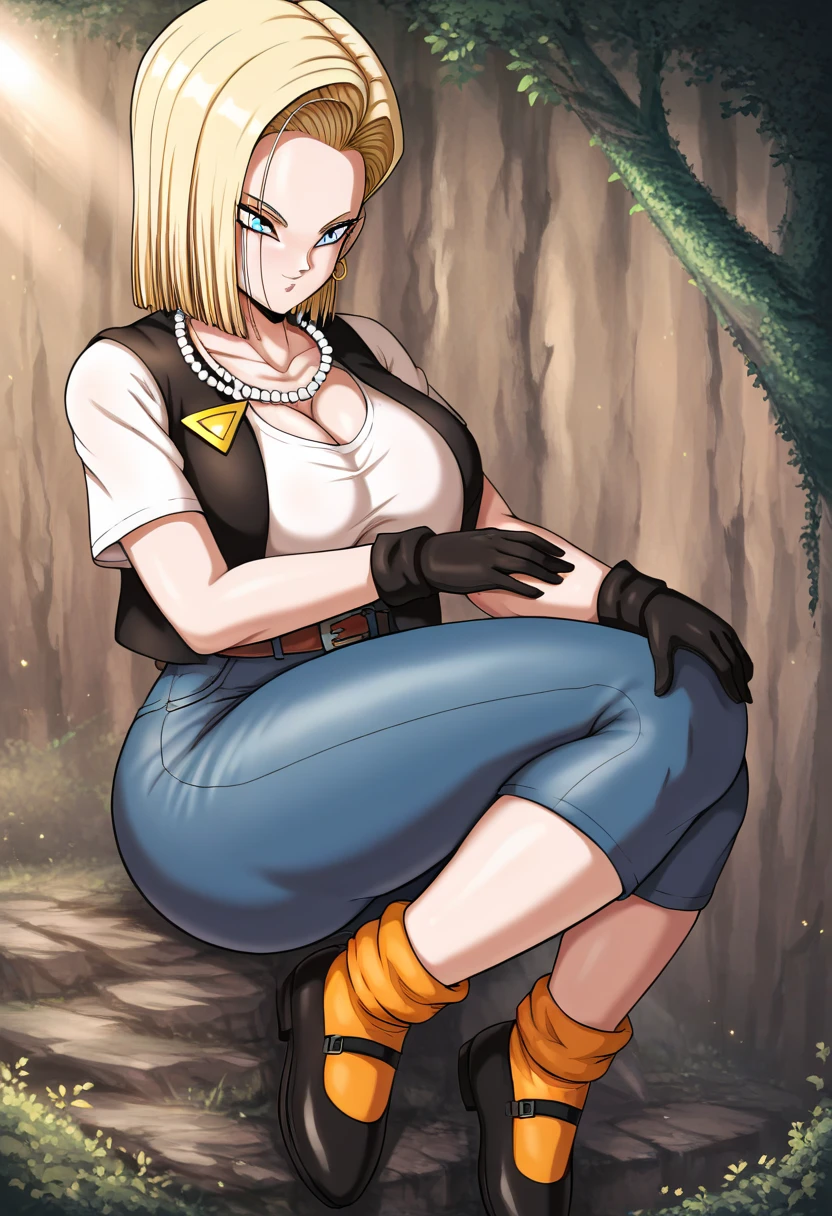 ((masterpiece)), ((best quality)), (detailed), perfect, solo, peach, beautiful woman, luscious lips, long hair, huge breasts, deep cleavage, big breasts, (((sweaty breasts)), big thighs,,,,masterpiece, detailed face, android 18, 1 girl, alone, short hair, blue eyes, blonde hair, belt, looking at viewer, black gloves, front, tucked in shirt, white t-shirt, black shoes, badge, chain, jeans, looking at other, orange socks, pants high waist, open black vest, pearl necklace,