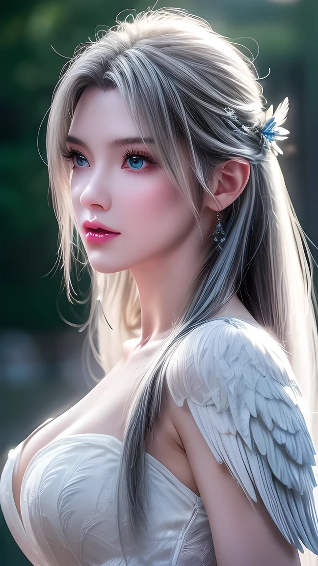 ( White Wings ,Angel:1.2),( White feathers falling on the background :1.1), ((masterpiece)), ( detailed:1.4), actual 、 Beautiful female images, high resolution( high dynamic range ), ray tracing,Nvidia,Super Resolution,PBR Textures,Post-processing, anisotropic filter , Maximum depth of field resolution and clear layered texture,Albedo and mirror sticker ,Surface Shading, Precisely simulates material interaction ,Perfect balance,Rendering with Octane,Two-color light,Large diameter,Low ISO,White Balance,Rule 3 points、8K raw data、Backlight、Dancing woman、 Beautiful white shiny skin 、 Grey hair that changes with light 、Long bangs block your view、Blush Highlights、 Sexy and very beautiful lovely face 、The most beautiful face in the world、Extra Long and Gorgeous White Hair、Straight hair、White hair fluttering in the wind、Large target, Shiny light blue eyes 、Beautiful bangs、Beautiful and lovely girl 25 years old、Magical Valley 、 A beautiful dress、From the side
