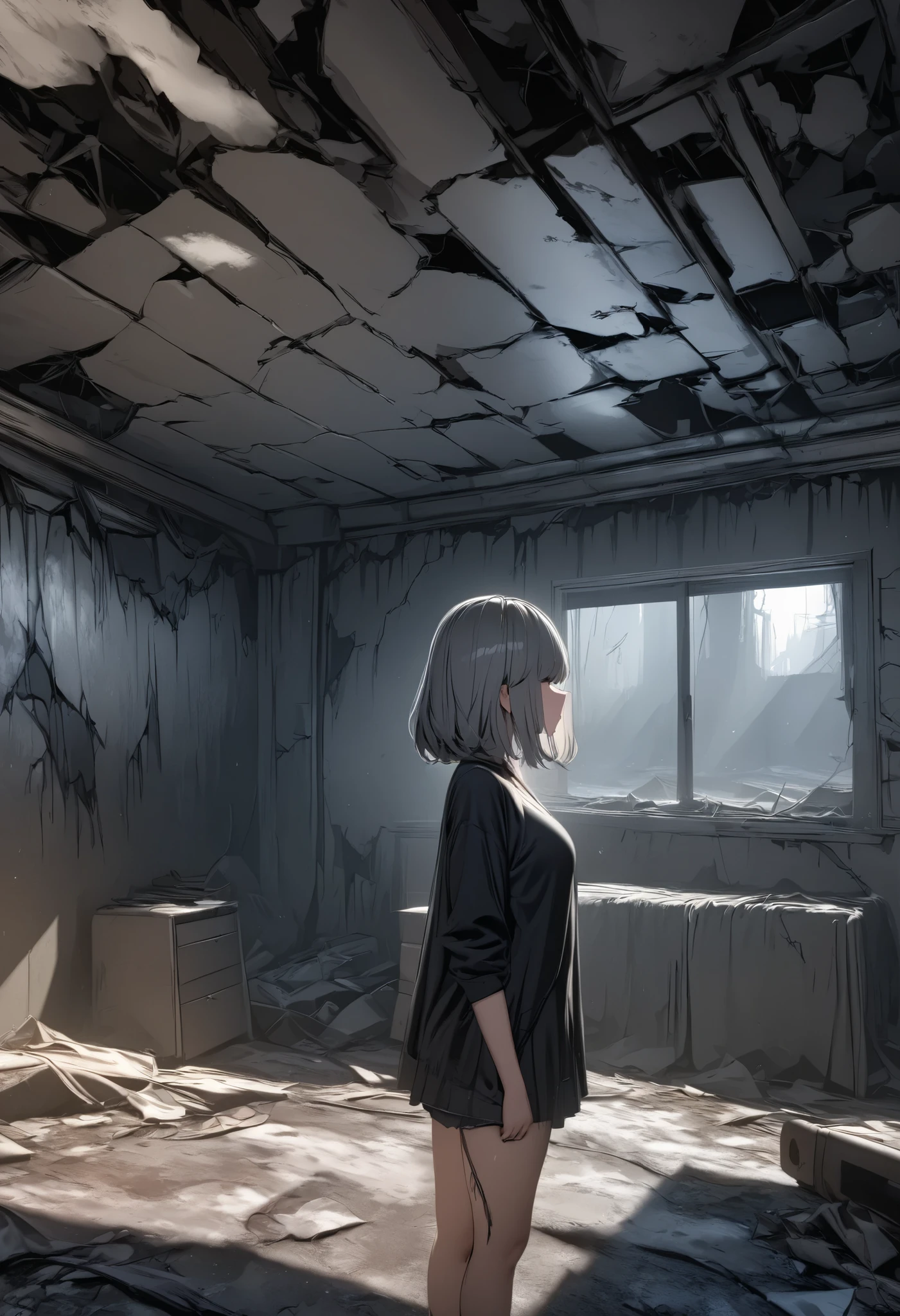 masterpiece, best quality, 8k, highres, ultra-detailed, HDR, UHD, 1girl,upper body,side view,drkgirl, derelict room