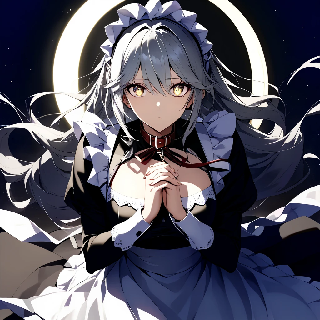 Masterpiece, Very detailed, Ultra-detailed, one tall mature beautiful maid woman. Masterpiece, Very detailed, Ultra-detailed, long lovely silver hair. beautiful dark eclipse-like eyes, her irises are black with a golden outline, her pupils are surrounded by a glowing white light. well endowed. Wearing a collar and leash. wearing chains all over her body. long Victorian maid dress with a long slit in the side going down. Dark-radiance emanating from her. her hands are clasped together.