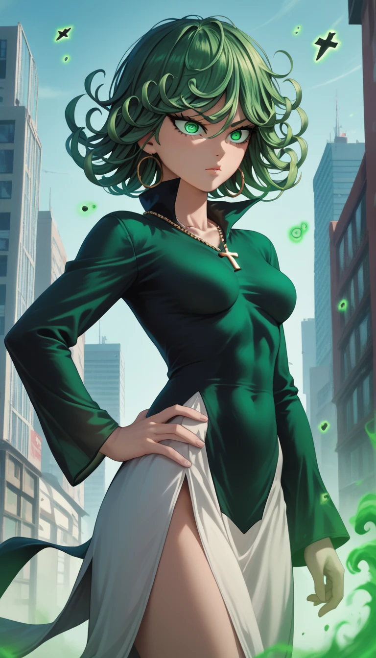 score_9, score_8_up, score_7_up, score_6_up, uncensored, BREAK (masterpiece:1.2), best quality, high resolution, (detailed eyes:1.3), perfect lighting, (perfect hands, perfect anatomy), tatsumaki, short hair, green hair,curly hair,green eyes, very long hair,medium breast , tug dress, long sleeves , earrings,hoop earrings,cross necklace,jewelry,poese.medium breasts, whole body 
High Resolution, Masterpiece, High Quality, Bangs, Hair Over One Eye, standing, hand on hip, green aura, fly, city, Flying over a ruined city