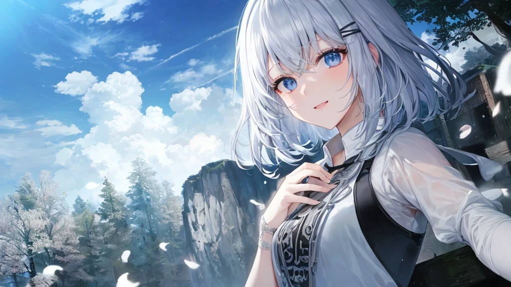 White Hoodies 、 black shirt 、Ultra HD, take a look at the viewer , and, 20 years old, 非常に shorthair , long bangs between eyes, Pale blue eyes, very detailed,(masterpiece、 best quality),Gray Hair、Laughter、 amazing, Silver Hair, iris, Small face、明るいsmile、( detailed face ) , Professional Lighting, amazing風景,blue sky, sunlight, open your mouth、、Her eyes were shining、andても shorthair , long bangs between eyes, very detailed,(masterpiece、 best quality)、Alone、Gray Hair、 Silver Hair, smile、 open your mouth、 shorthair 、hairpin、 beautiful eyes、 White Hoodies 、Anime Eyes、 best quality, high definition , Unity 8K Wallpaper, (figure:0.8), ( beautiful eye with attention to detail:1.6), 非常に detailed face , perfect lighting, very detailedなCG, (Perfect hands, perfect )