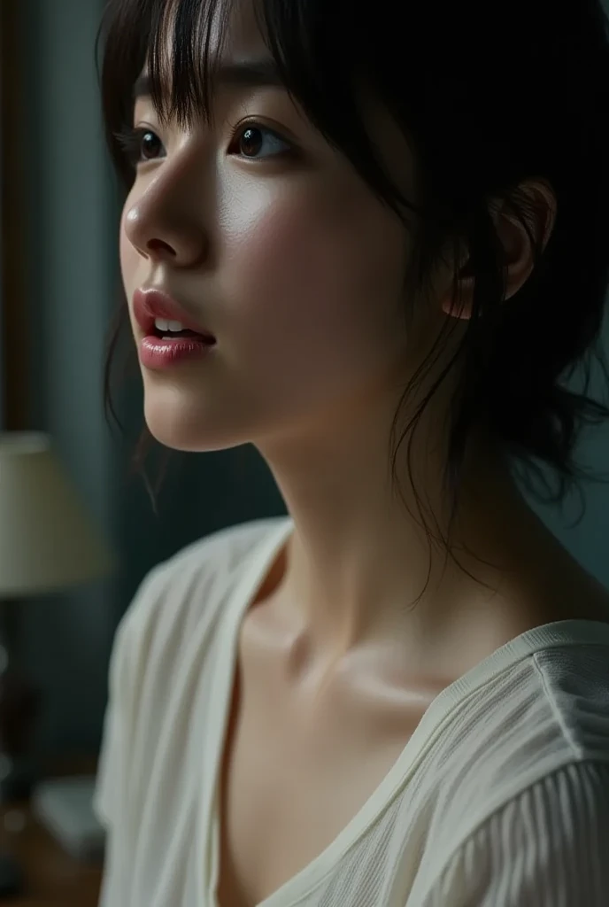 RAW photo, (close up), cinematic film still portrait of an Asian woman, 28 years old, with messy black hair, (deeply psychological portrait), in a dimly lit bedroom, she looks at the viewer with a sweet face, pleading to be brought to orgasm. She looks at the viewer with a sweet face, pleading to be taken to the height of ecstasy she has never known.