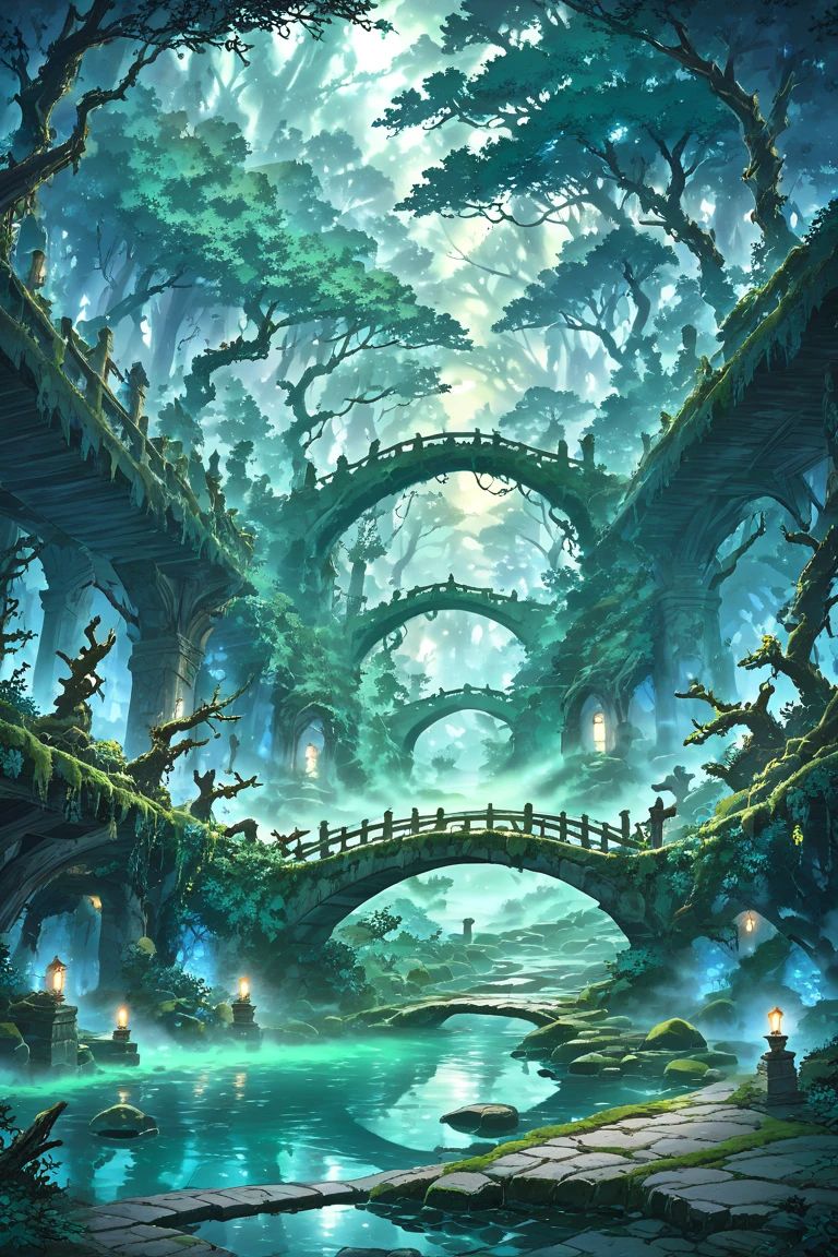 A Fogy mystical (eerie:1.21) Ancient stone bridge spanning a chasm filled with swirling (green fog:1.4) ,fogy scene,bridges,twisted tree roots grasping for purchase on moss-covered stones; vines snaking around weathered pillars; soft blue moonlight casting an ethereal glow over the scene,((ancient brige))