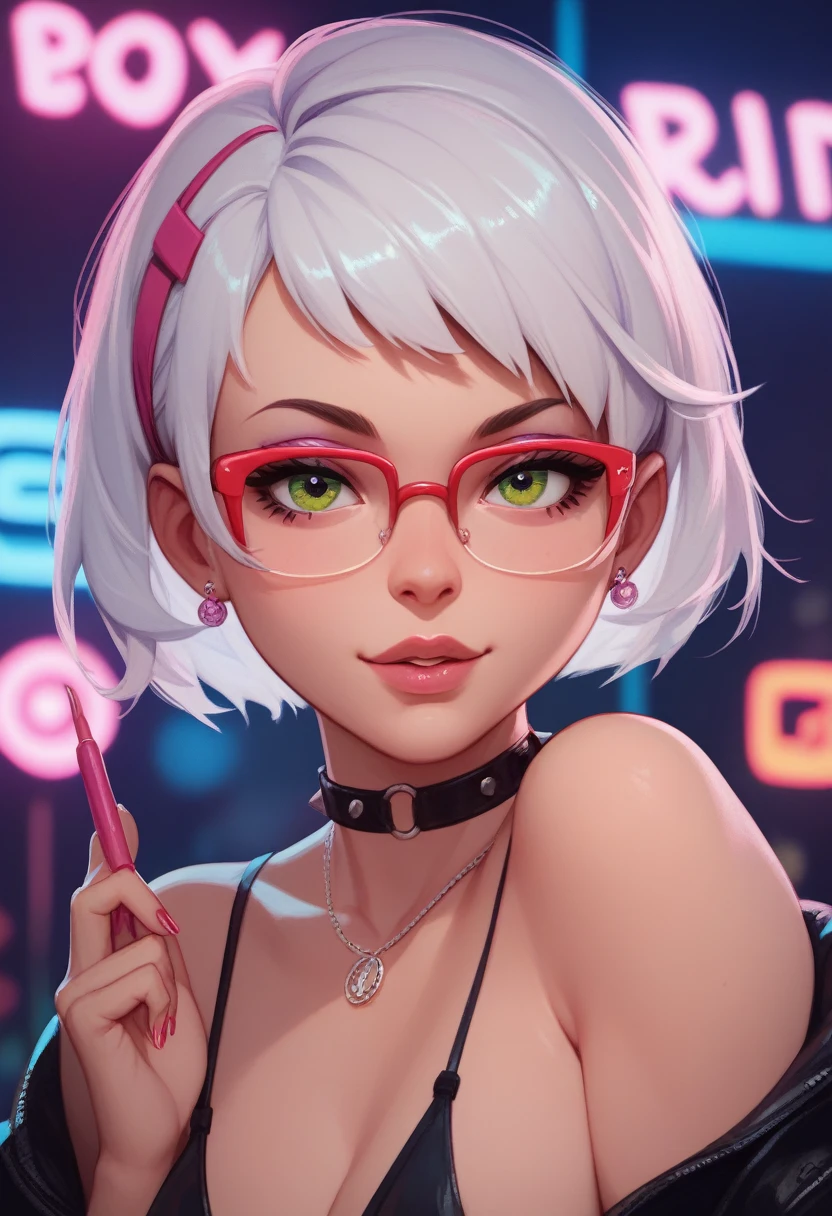 neon,  short white hair, glasses, seductive