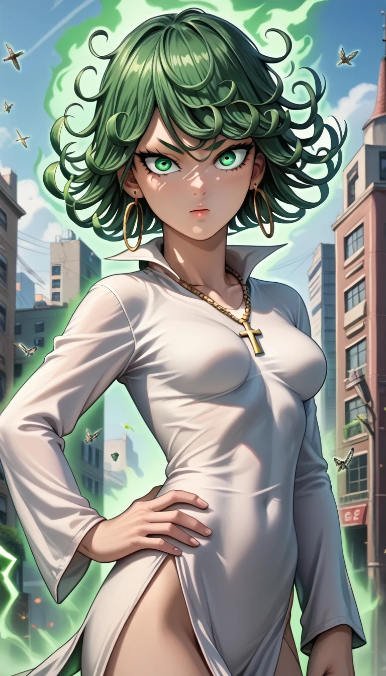 score_9, score_8_up, score_7_up, score_6_up, uncensored, BREAK (masterpiece:1.2), best quality, high resolution, (detailed eyes:1.3), perfect lighting, (perfect hands, perfect anatomy), tatsumaki, short hair, green hair,curly hair,green eyes, very long hair,medium breast , tug dress, long sleeves , earrings,hoop earrings,cross necklace,jewelry,poese.medium breasts, whole body 
High Resolution, Masterpiece, High Quality, Bangs, Hair Over One Eye, standing, hand on hip, green aura, fly, city, Flying over a ruined city