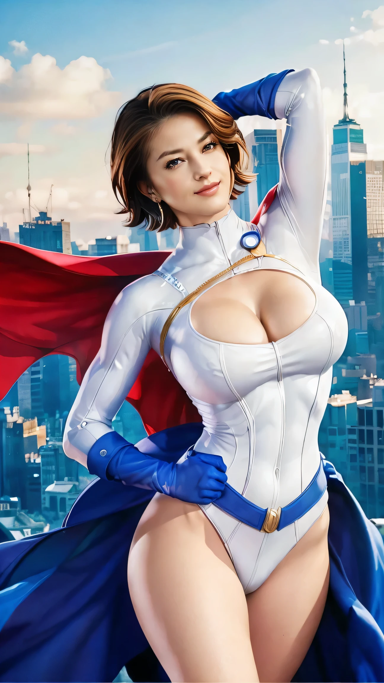 1 woman, Japanese actress Matsumoto Wakana , Power Girl,  DC Comics hero ,  SHE WEARS A DETAILED POWER GIRL COSTUME ,  A costume based on Power Girl that completely recreates the detailed DC Comics heroine Power Girl costume down to the smallest detail, Anatomically correct ,  best quality, 4K, 8k,  high definition ,  artistic portrait , Ultra Detari, Realistic,  big and round breasts that stick out of the body, Hard erect nipples ,  tight waist with abs , Big round butt , Beautiful pussy, Light brown pubic hair,  beautiful body line with good balance ,  ultra-thin rubber costume made of special material that traces her completely naked body line, beautiful detailed eyes,  beautiful detailed lips , Extremely Elaborate Eyes and Faces ,Long eyelashes,sexy,average:oil,  pubic skin, Flying over New York ,  hair that flutters like, She smiles with a smile so bright that I can see her white teeth, Strong girl in the air ,  She's flying in the sky with her chest stretched out straight, Stunning curves,  bright color,  New York buildings looking down in the background, WHITE POWER GIRL COSTUME , Anatomically correct , 