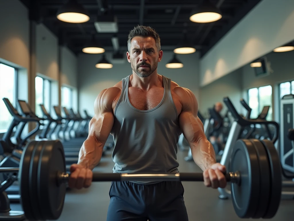 muscular man weightlifting in gym, full body, (best quality,4k,8k,highres,masterpiece:1.2),ultra-detailed,(realistic,photorealistic,photo-realistic:1.37),professional, muscular physique, defined muscles, barbell, weight plates, gym equipment, hard lighting, dramatic shadows, gritty, industrial, high contrast