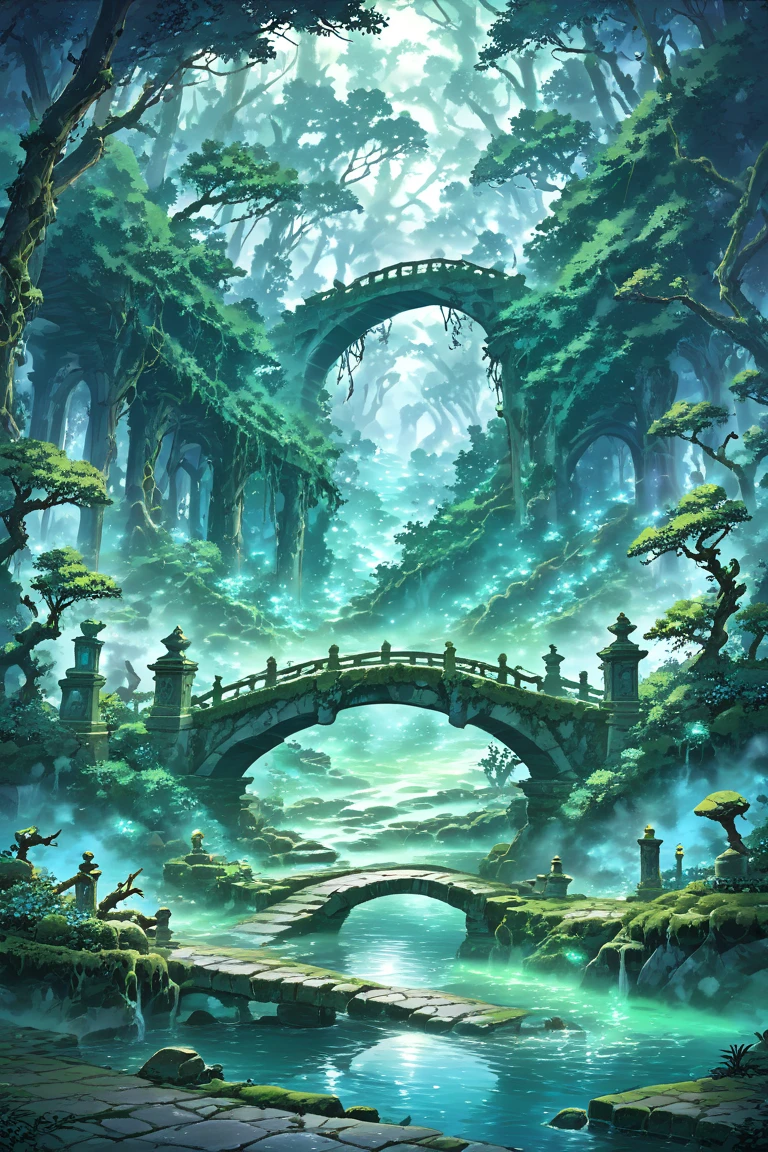 A Fogy mystical (eerie:1.21) Ancient stone bridge spanning a chasm filled with swirling (green fog:1.4) ,fogy scene,bridges,twisted tree roots grasping for purchase on moss-covered stones; vines snaking around weathered pillars; soft blue moonlight casting an ethereal glow over the scene,((ancient brige))