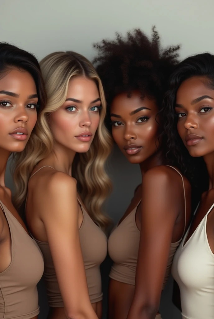blonde woman with long hair and another brunette and a sexy oriental with a hot body plus a well-endowed African woman with her huge delicious breasts and her brownest and most attractive eyes