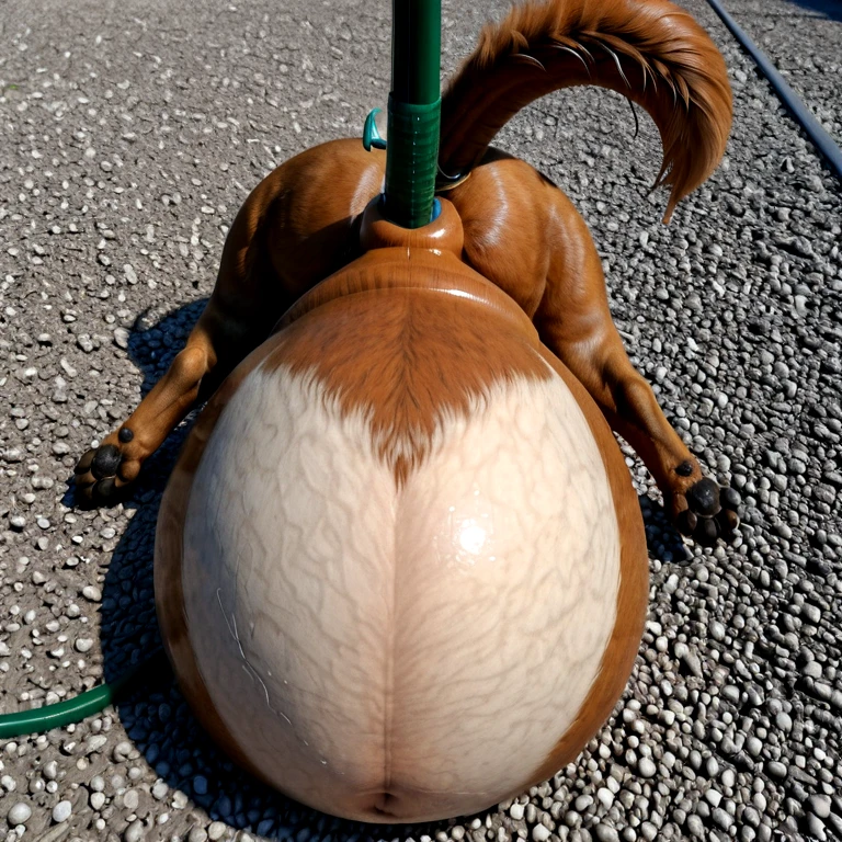 full rear view of a very large fat  very hairy cob type  horse stallion with 2 big lumps of horse dung dropping to the ground out of  rectum at the centre of a big bum and sliding down legs.  huge  volume of urine pouring out of erect horse penis flooding the ground under horse. facing away from view point - towards horizon. open rectum and anus in full view  tail to left side. ((masterpiece)), ((best quality)), ((highres)), ((extremely detailed)), (( medium distance back view)), (super realistic) . anatomically correct.  open field. bright sunny sky. 