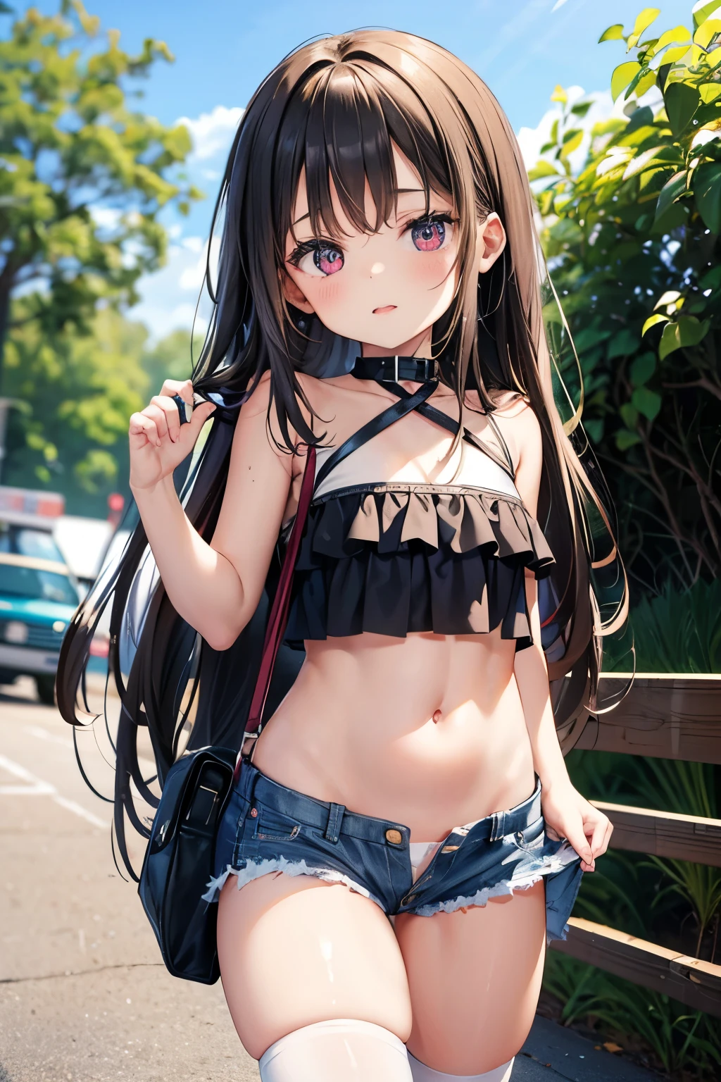 (masterpiece), Highest quality, One girl, , 8-year-old, Cute  girl, Flat ?????, Black Hair, Very long hair, View your viewers, She wears a sturdy collar made of bright red leather., 
Strapless clothing, White lace outfit, Expose the clavicle, Not wearing a bra, ????? ???????, Lace frills on the ?????, The frills make the skin look translucent., Lifting her frills to show off her ???????, Belly button, A bulging belly, Show off your belly, Exposing the flanks, 
Not wearing panties, denim micro mini shorts, Extremely low cut shorts, Extremely low rise shorts, Ultra-short shorts that show off your V-line, Expose your ????, Shorts are unbuttoned, She unzips her shorts, Open the front of your shorts, She pulls down her shorts, She has taken off her shorts so you can see her ??????, I can see the ?????, She purposely shows off her ?????, I can see the ?????? lines, she has no pubic hair, 
White thigh-high socks, Walking around town, Standing in a crowd,