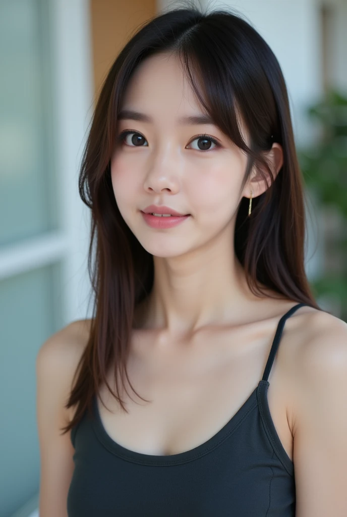 Photographs high definition, "Japaness young face Female" , white skin, beautiful chests , "shy face feeling good" , tank top, pale skin, school girl, In pretty modern dress with armory, ""looking up on camera doing push-up sweat fluid on face"", random environments, 