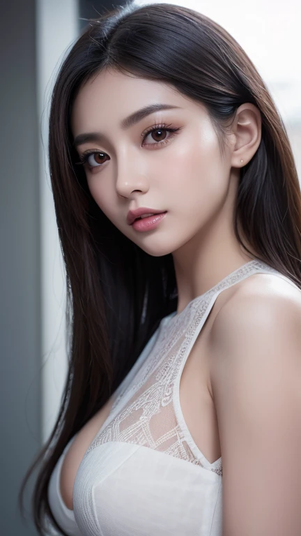 Best quality, 8k, Masterpiece, Sharp focus, Beautiful woman with perfect figure, Slender abs, Dark brown hair, Big breasts, Natural light, Street, Face and body Highly detailed skin texture, Detailed eyes, Double eyelids, captivating eyes